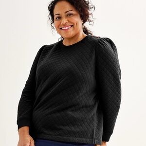 Croft & Barrow Button Shoulder Sweatshirt Size 1X Black Quilted Puff Sleeve